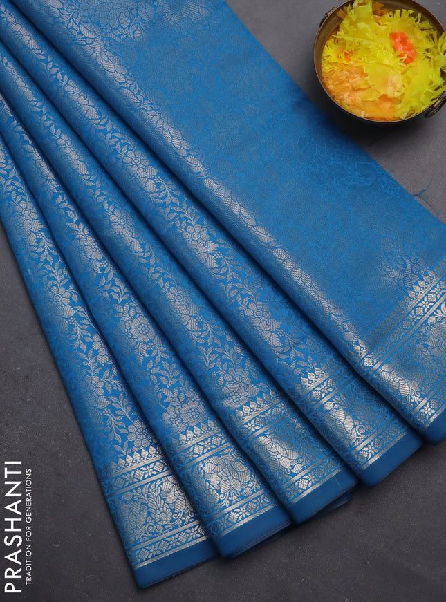 Semi soft silk saree cs blue with allover zari woven brocade weaves -Without blouse