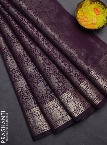 Semi soft silk saree deep purple with allover zari woven brocade weaves -Without blouse