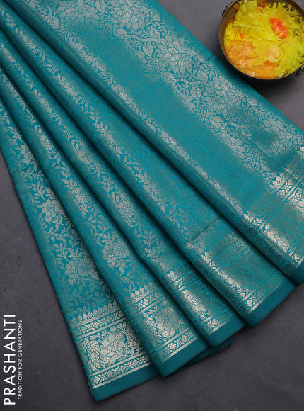 Semi soft silk saree teal blue with allover zari woven brocade weaves -Without blouse
