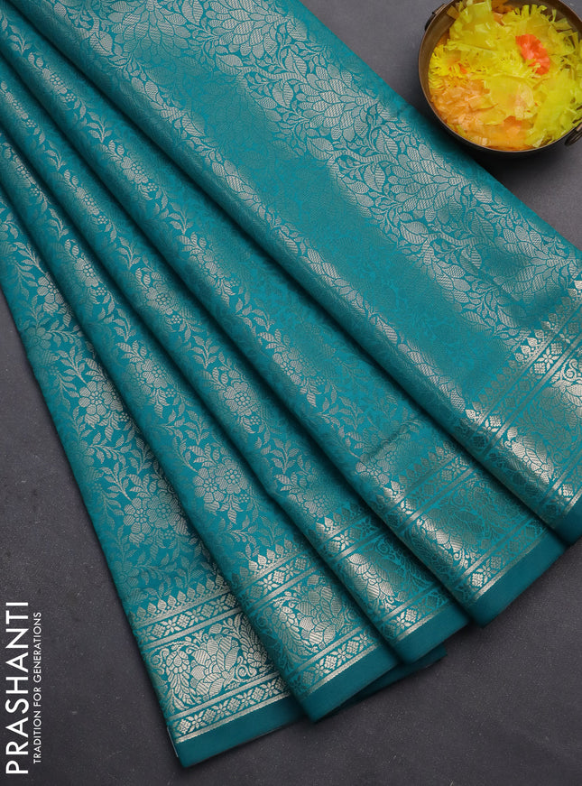 Semi soft silk saree teal blue with allover zari woven brocade weaves -Without blouse
