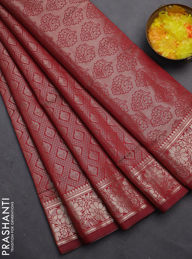 Semi soft silk saree maroon with allover zari woven brocade weaves -Without blouse