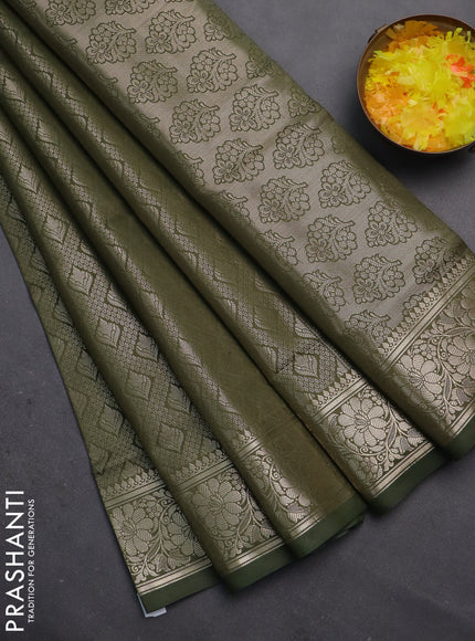 Semi soft silk saree sap green with allover zari woven brocade weaves -Without blouse
