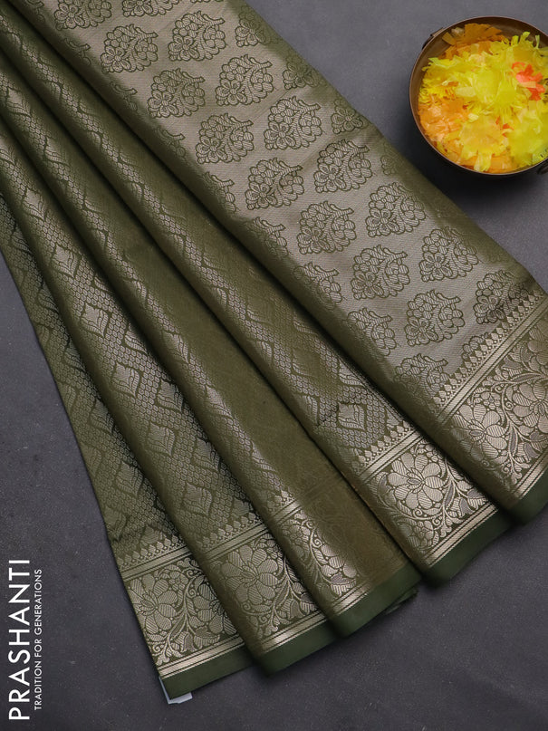 Semi soft silk saree sap green with allover zari woven brocade weaves -Without blouse
