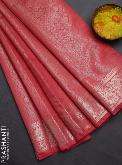 Semi soft silk saree peach pink with allover zari woven brocade weaves -Without blouse