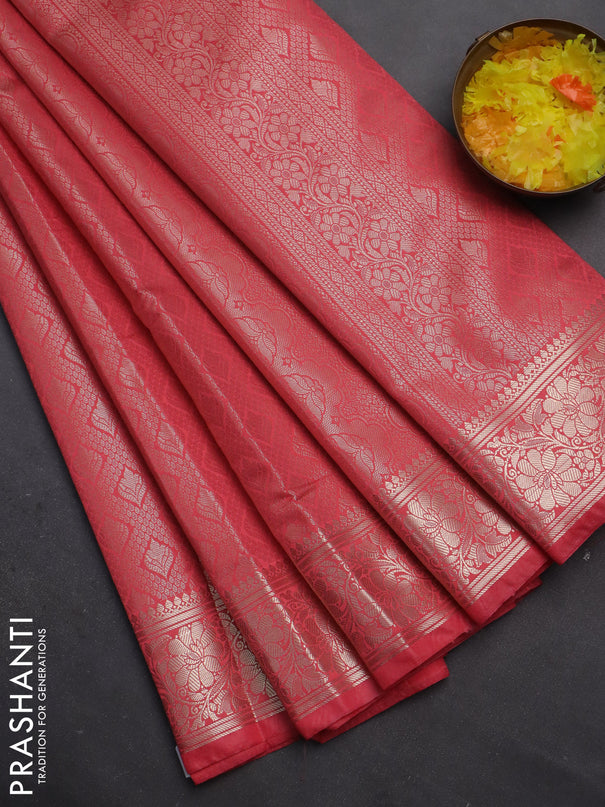 Semi soft silk saree peach pink with allover zari woven brocade weaves -Without blouse