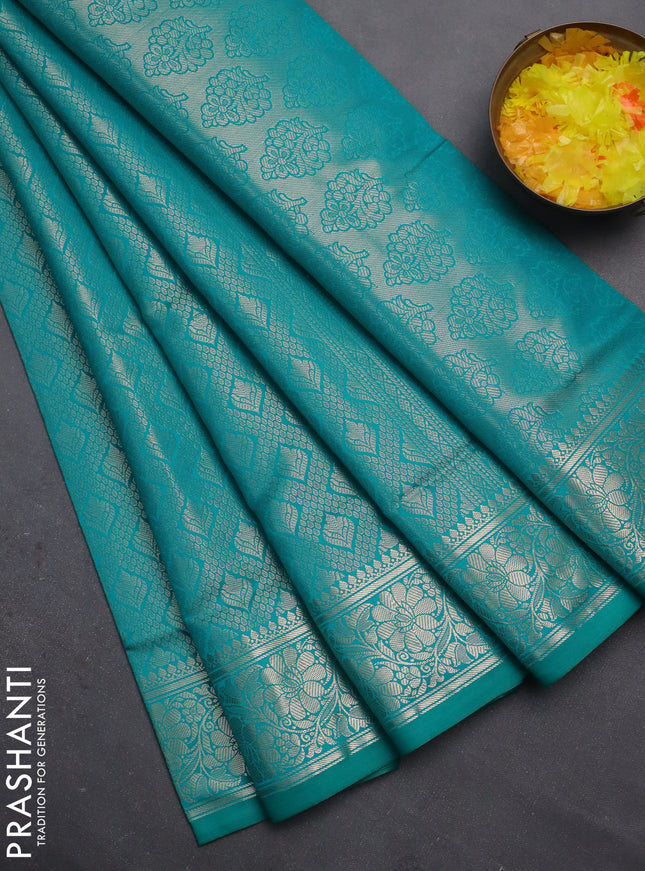 Semi soft silk saree teal green with allover zari woven brocade weaves -Without blouse