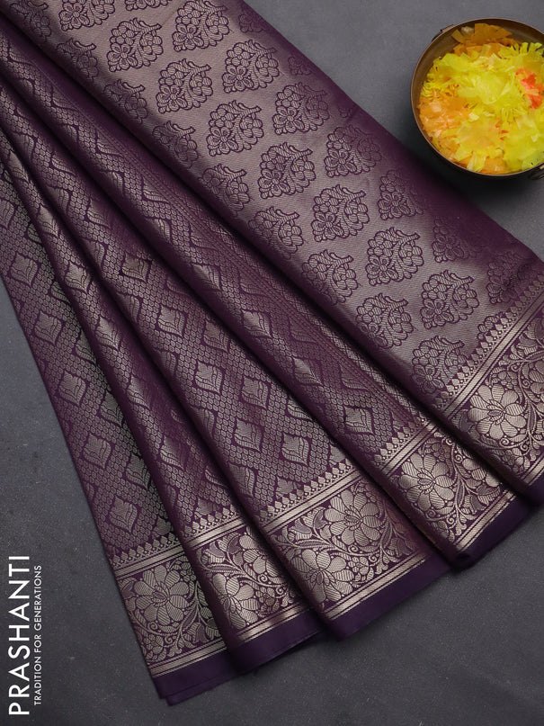 Semi soft silk saree deep purple with allover zari woven brocade weaves -Without blouse
