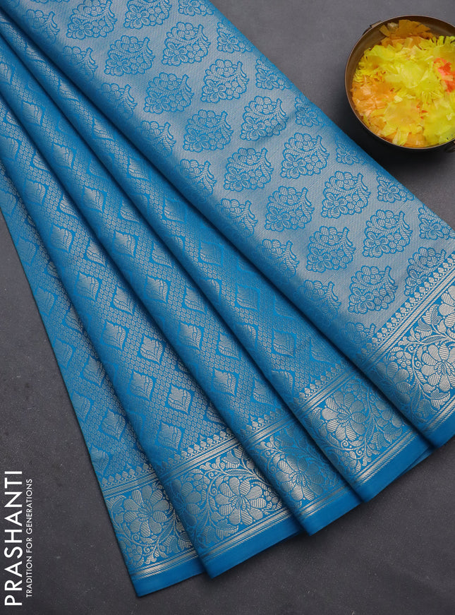 Semi soft silk saree cs blue with allover zari woven brocade weaves -Without blouse