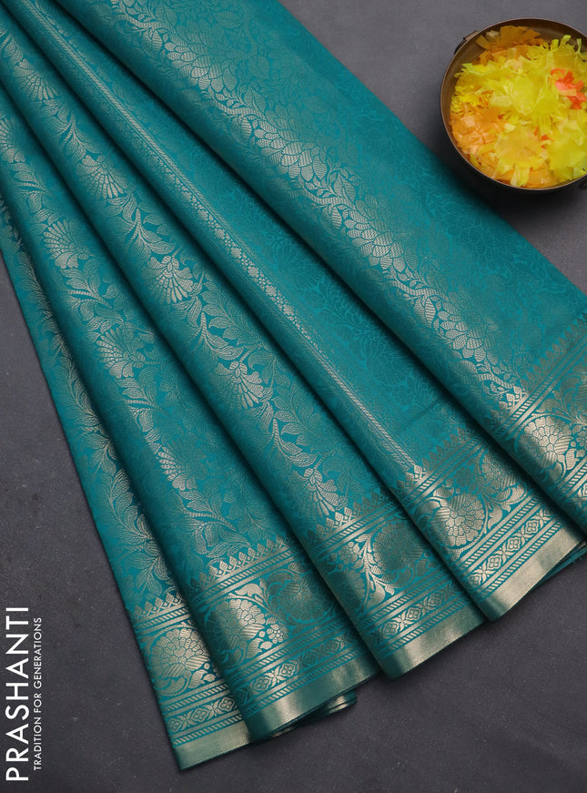 Semi soft silk saree teal blue with allover zari woven brocade weaves -Without blouse