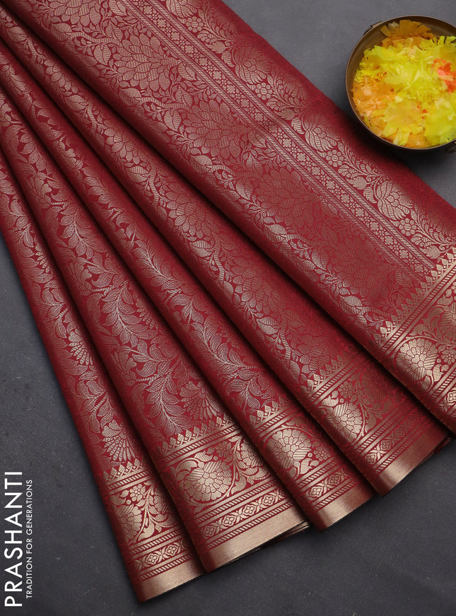 Semi soft silk saree maroon with allover zari woven brocade weaves -Without blouse