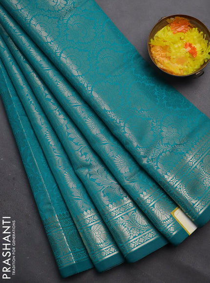 Semi soft silk saree teal blue with allover zari woven brocade weaves -Without blouse