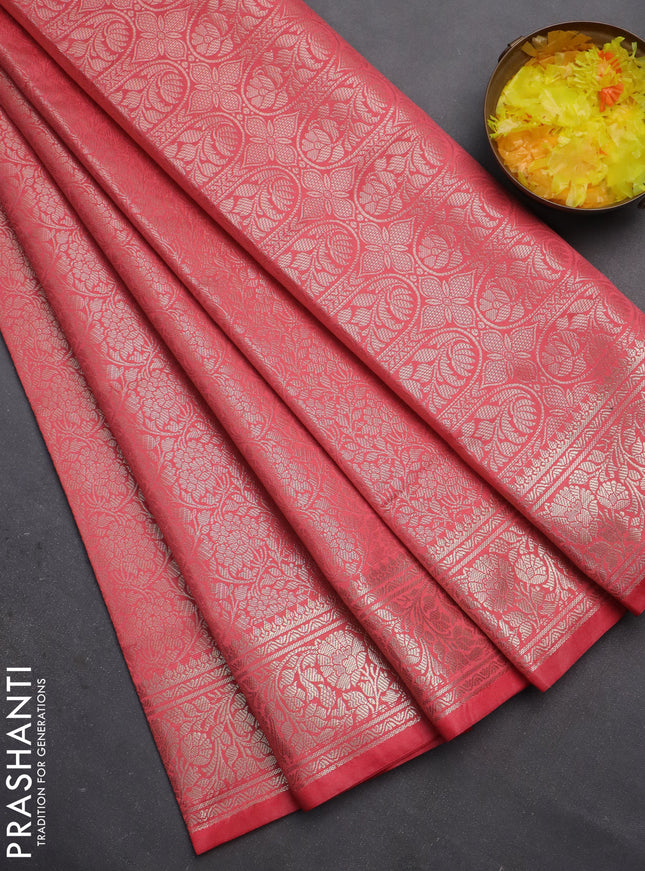 Semi soft silk saree peach pink with allover zari woven brocade weaves -Without blouse