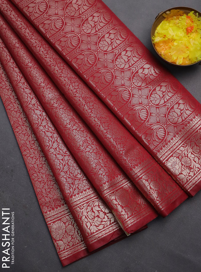 Semi soft silk saree maroon with allover zari woven brocade weaves -Without blouse