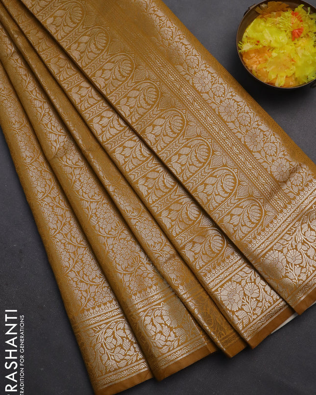 Semi soft silk saree mustard yellow with allover zari woven brocade weaves -Without blouse