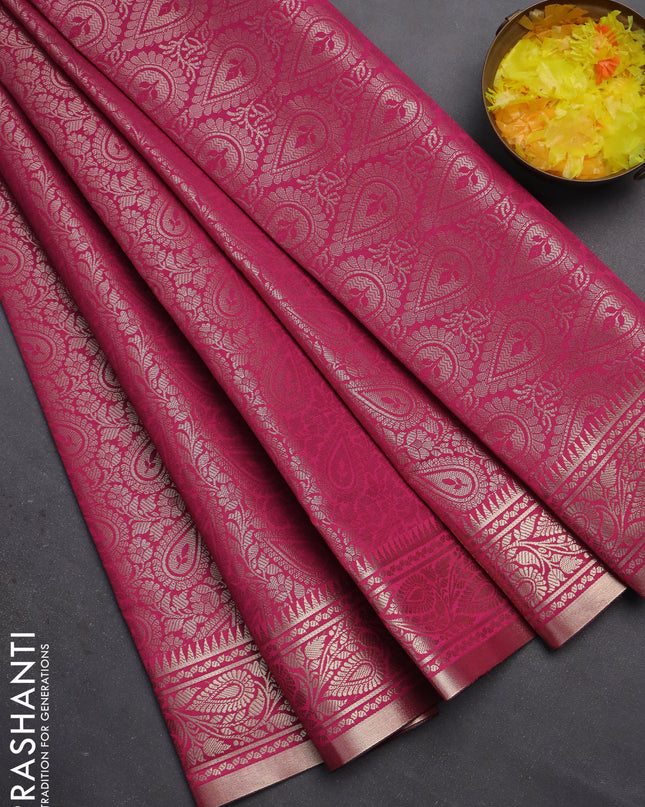 Semi soft silk saree pink with allover zari woven brocade weaves -Without blouse