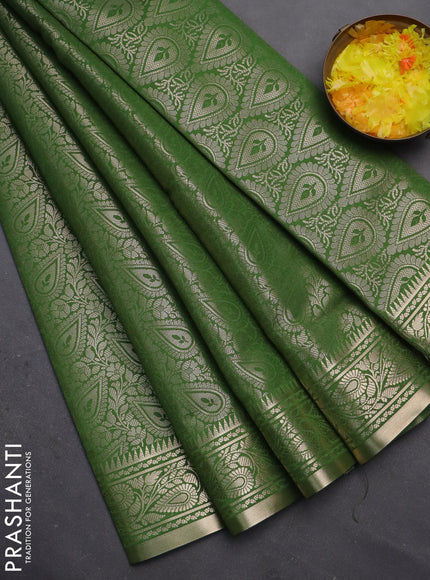 Semi soft silk saree green with allover zari woven brocade weaves -Without blouse