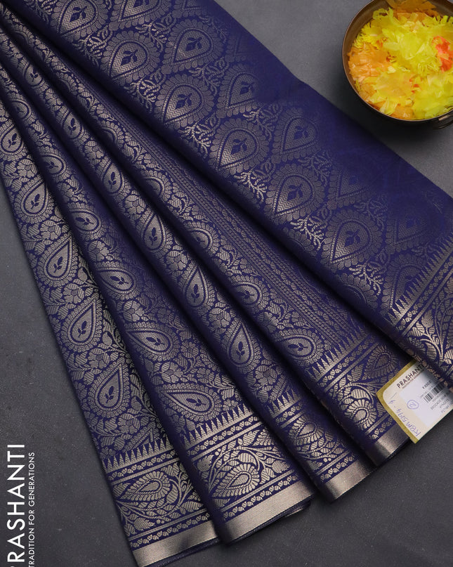 Semi soft silk saree navy blue with allover zari woven brocade weaves -Without blouse
