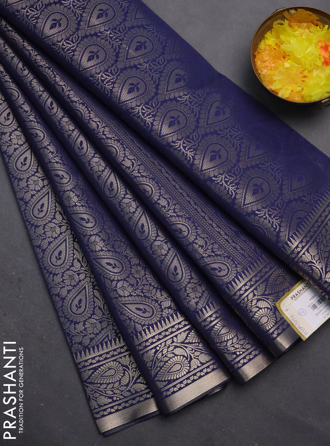 Semi soft silk saree navy blue with allover zari woven brocade weaves -Without blouse