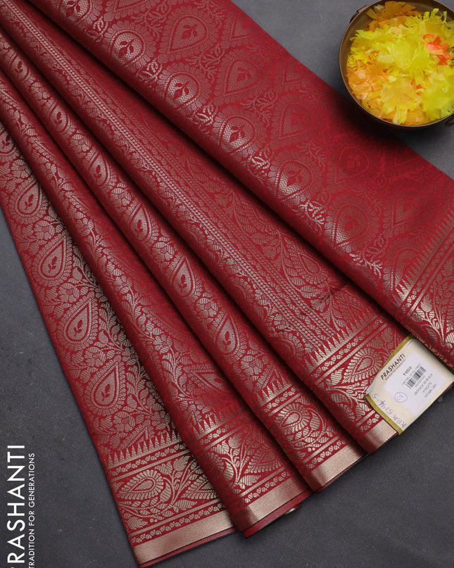 Semi soft silk saree maroon with allover zari woven brocade weaves -Without blouse