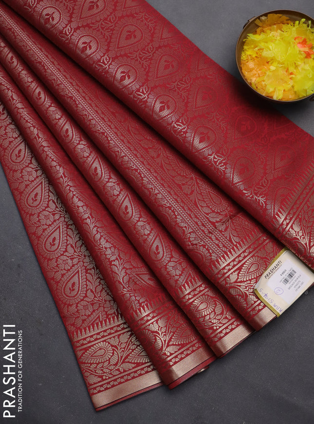 Semi soft silk saree maroon with allover zari woven brocade weaves -Without blouse