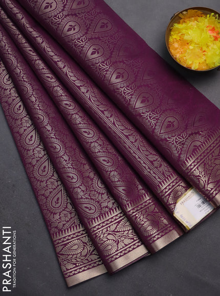 Semi soft silk saree deep purple with allover zari woven brocade weaves -Without blouse