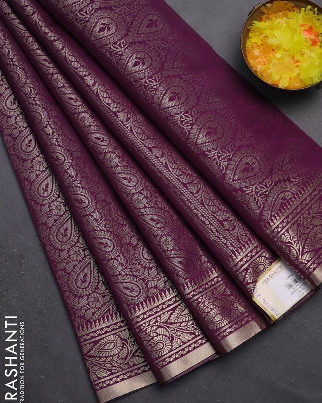 Semi soft silk saree deep purple with allover zari woven brocade weaves -Without blouse