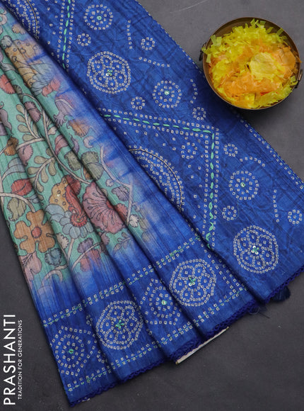 Matka tussar saree teal green and blue with allover kalamkari prints and bandhani printed & embroidery work border
