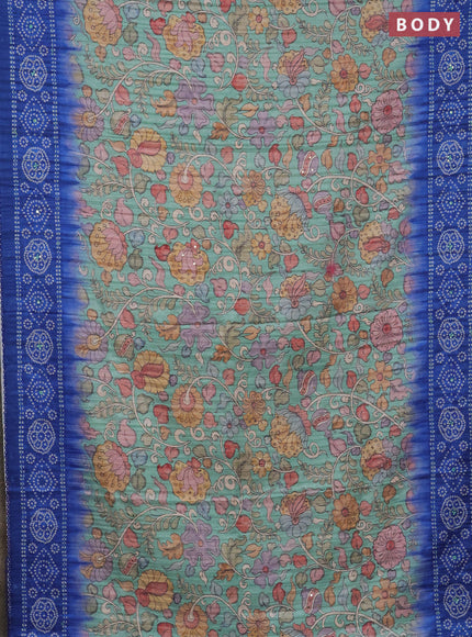 Matka tussar saree teal green and blue with allover kalamkari prints and bandhani printed & embroidery work border