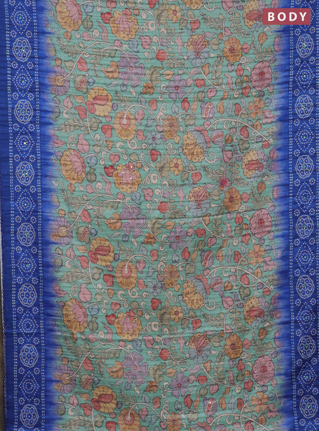 Matka tussar saree teal green and blue with allover kalamkari prints and bandhani printed & embroidery work border