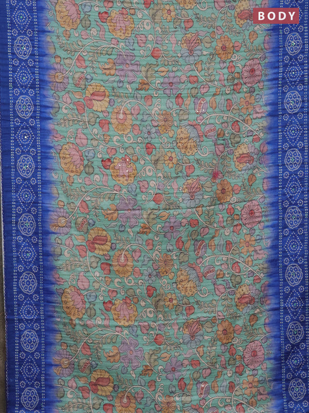 Matka tussar saree teal green and blue with allover kalamkari prints and bandhani printed & embroidery work border