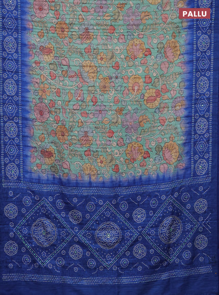 Matka tussar saree teal green and blue with allover kalamkari prints and bandhani printed & embroidery work border