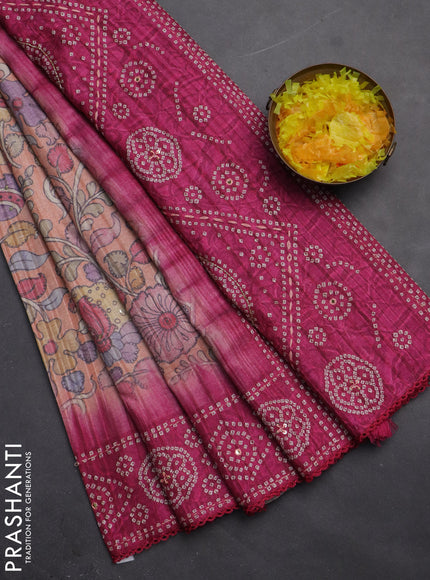 Matka tussar saree peach shade and magenta pink with allover kalamkari prints and bandhani printed & embroidery work border