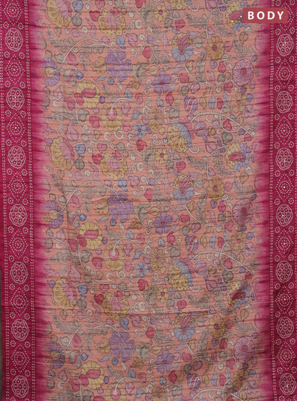 Matka tussar saree peach shade and magenta pink with allover kalamkari prints and bandhani printed & embroidery work border