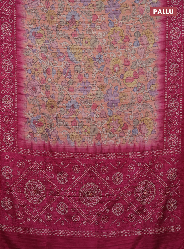 Matka tussar saree peach shade and magenta pink with allover kalamkari prints and bandhani printed & embroidery work border