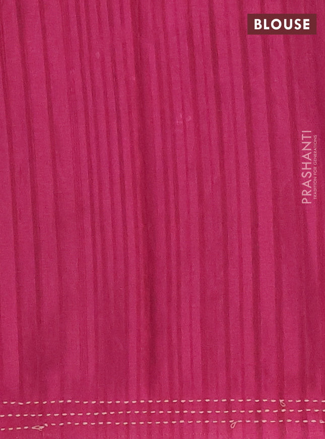 Matka tussar saree peach shade and magenta pink with allover kalamkari prints and bandhani printed & embroidery work border