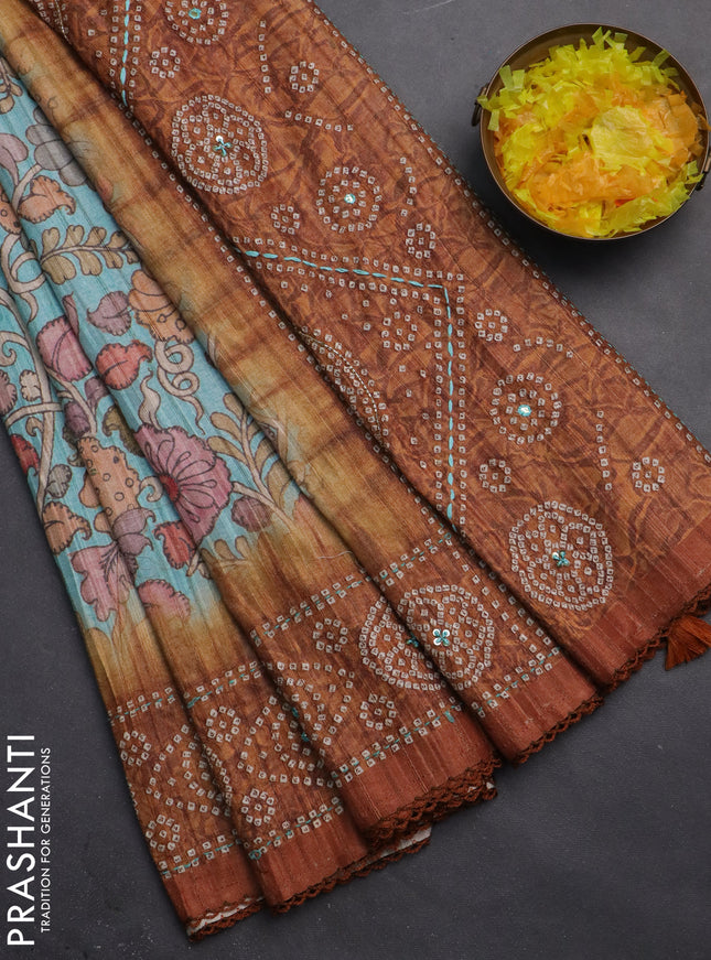 Matka tussar saree teal blue and brown with allover kalamkari prints and bandhani printed & embroidery work border