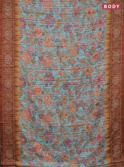 Matka tussar saree teal blue and brown with allover kalamkari prints and bandhani printed & embroidery work border