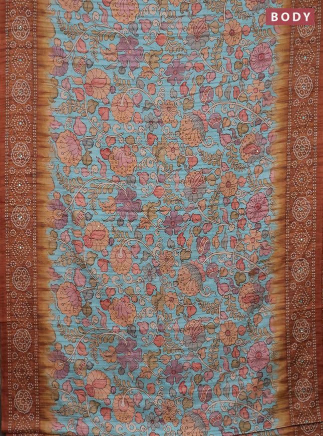 Matka tussar saree teal blue and brown with allover kalamkari prints and bandhani printed & embroidery work border