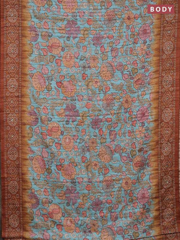 Matka tussar saree teal blue and brown with allover kalamkari prints and bandhani printed & embroidery work border