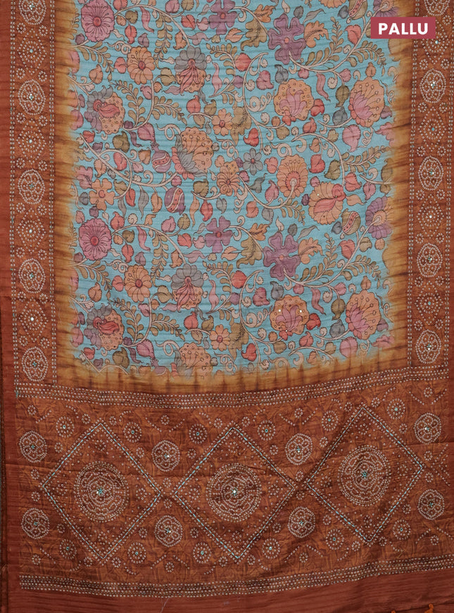 Matka tussar saree teal blue and brown with allover kalamkari prints and bandhani printed & embroidery work border