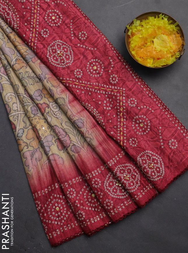 Matka tussar saree sandal and pink with allover kalamkari prints and bandhani printed & embroidery work border