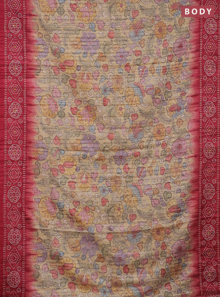 Matka tussar saree sandal and pink with allover kalamkari prints and bandhani printed & embroidery work border