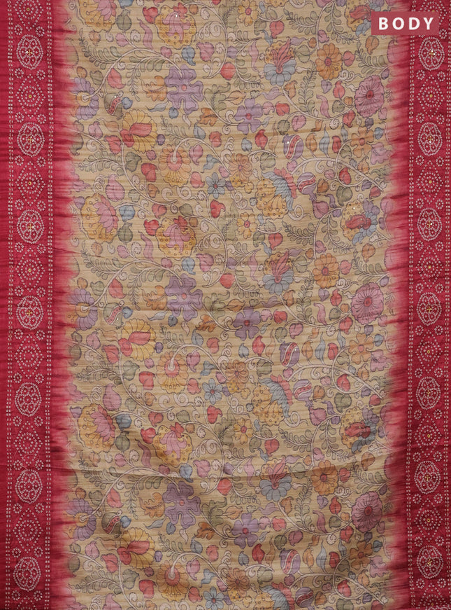 Matka tussar saree sandal and pink with allover kalamkari prints and bandhani printed & embroidery work border