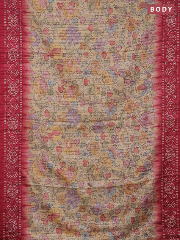 Matka tussar saree sandal and pink with allover kalamkari prints and bandhani printed & embroidery work border