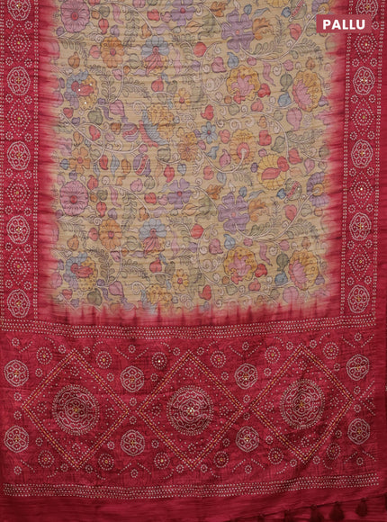 Matka tussar saree sandal and pink with allover kalamkari prints and bandhani printed & embroidery work border