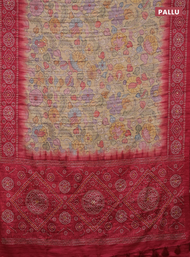 Matka tussar saree sandal and pink with allover kalamkari prints and bandhani printed & embroidery work border