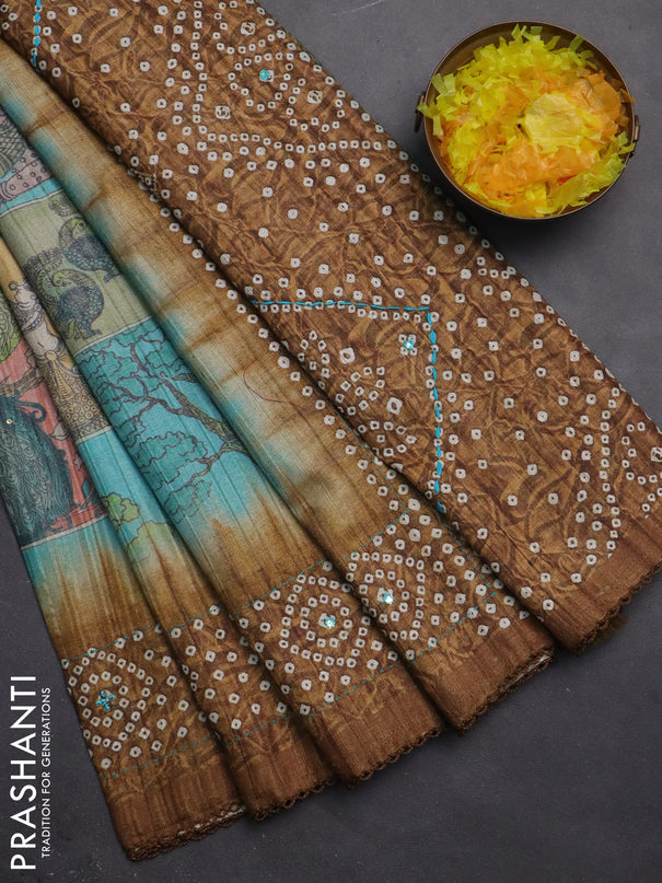 Matka tussar saree teal blue and dark mustard with allover kalamkari prints and bandhani printed & embroidery work border