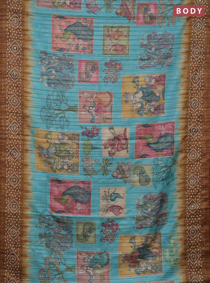 Matka tussar saree teal blue and dark mustard with allover kalamkari prints and bandhani printed & embroidery work border