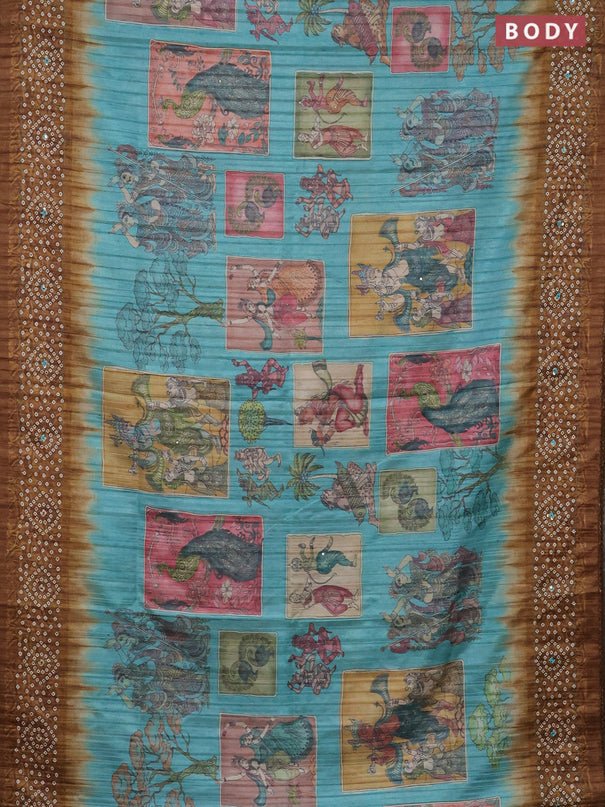 Matka tussar saree teal blue and dark mustard with allover kalamkari prints and bandhani printed & embroidery work border
