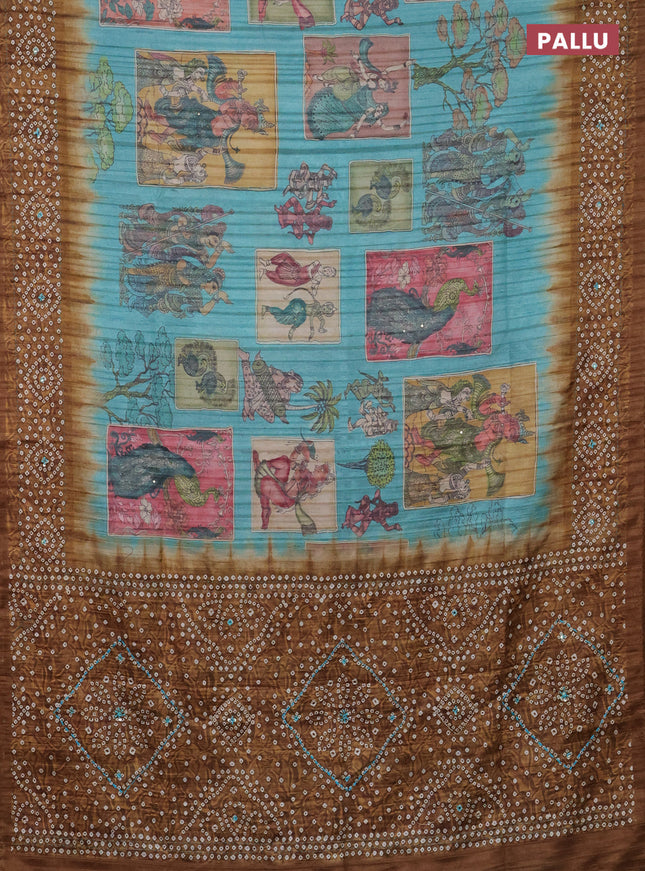 Matka tussar saree teal blue and dark mustard with allover kalamkari prints and bandhani printed & embroidery work border